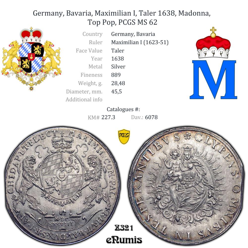 Germany, Bavaria, Maximilian I, Taler 1638, Madonna, Top Pop, PCGS MS 62