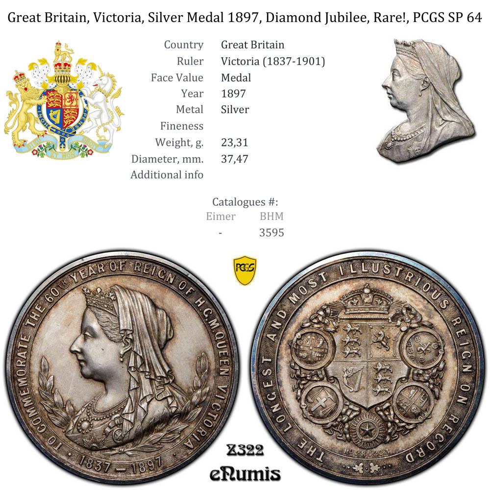 Great Britain, Victoria, Silver Medal 1897, Diamond Jubilee, Rare!, PCGS SP 64 Great Britain, Victoria, Silver Medal 1897, Diamond Jubilee, Rare!, PCGS SP 64