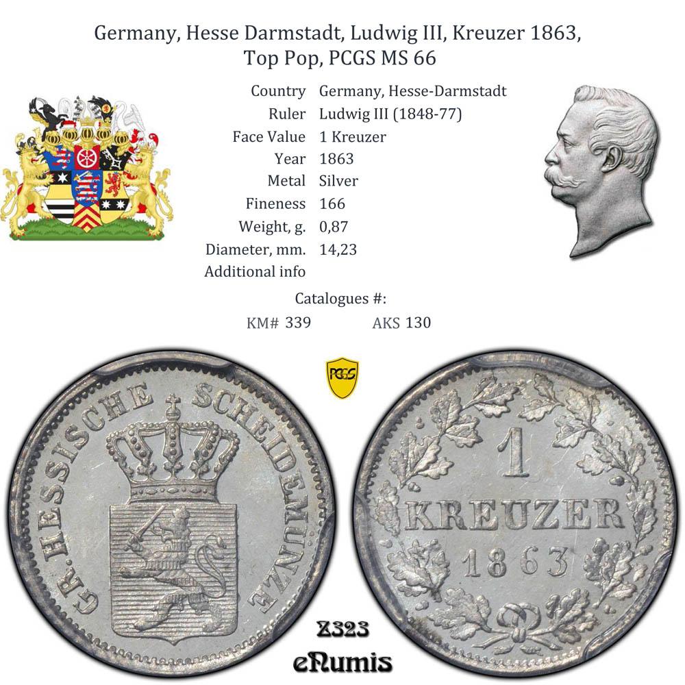 Germany, Hesse Darmstadt, Ludwig III, Kreuzer 1863, Top Pop, PCGS MS 66 Germany, Hesse Darmstadt, Ludwig III, Kreuzer 1863, Top Pop, PCGS MS 66
