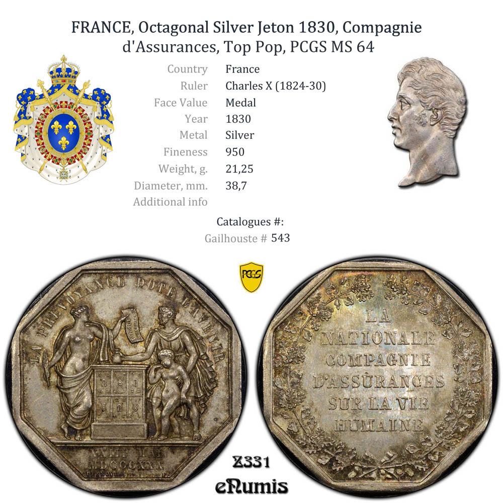 FRANCE, Octagonal Silver Jeton 1830, Compagnie d'Assurances, Top Pop, PCGS MS 64