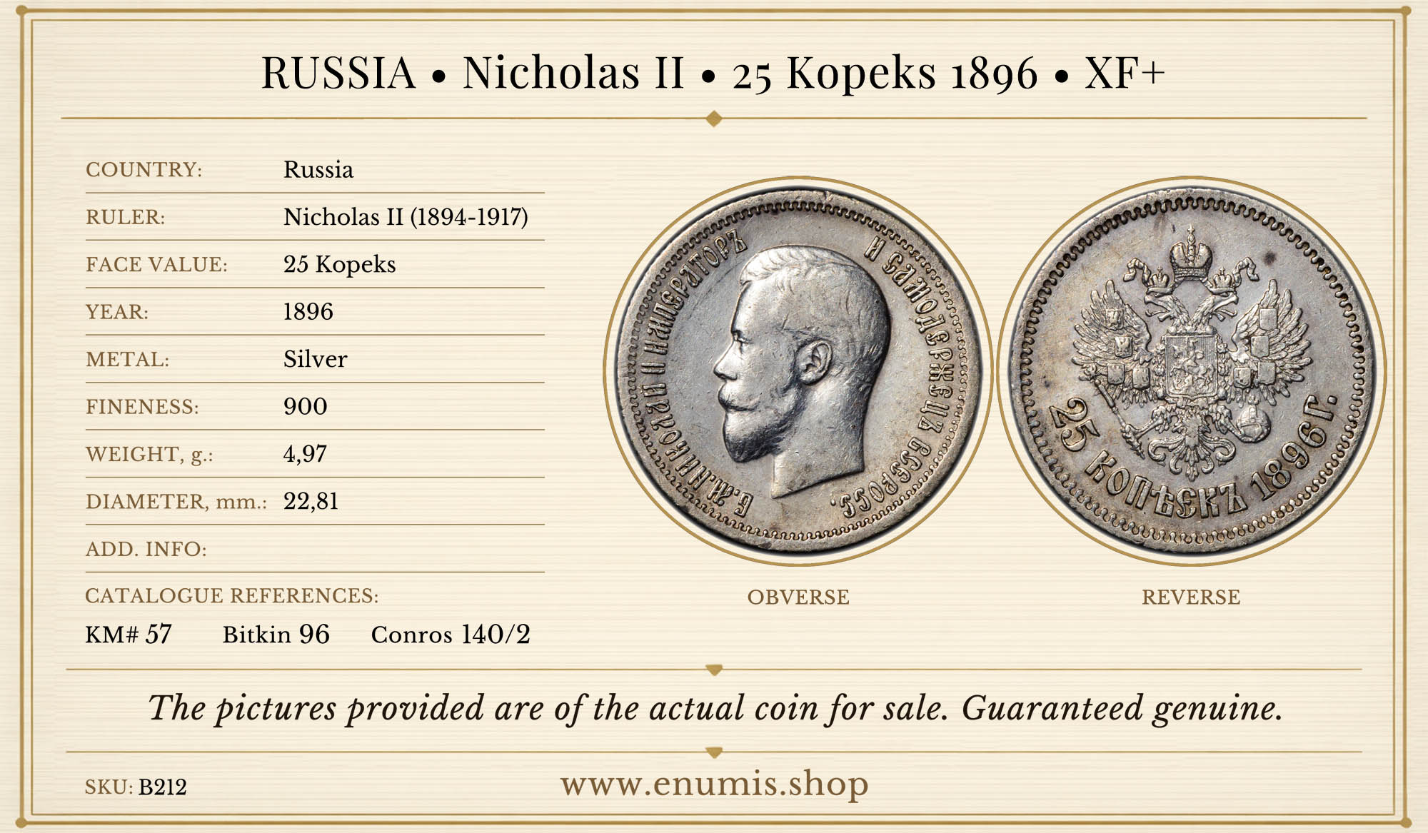 RUSSIA, Nicholas II, 25 Kopeks 1896, XF+