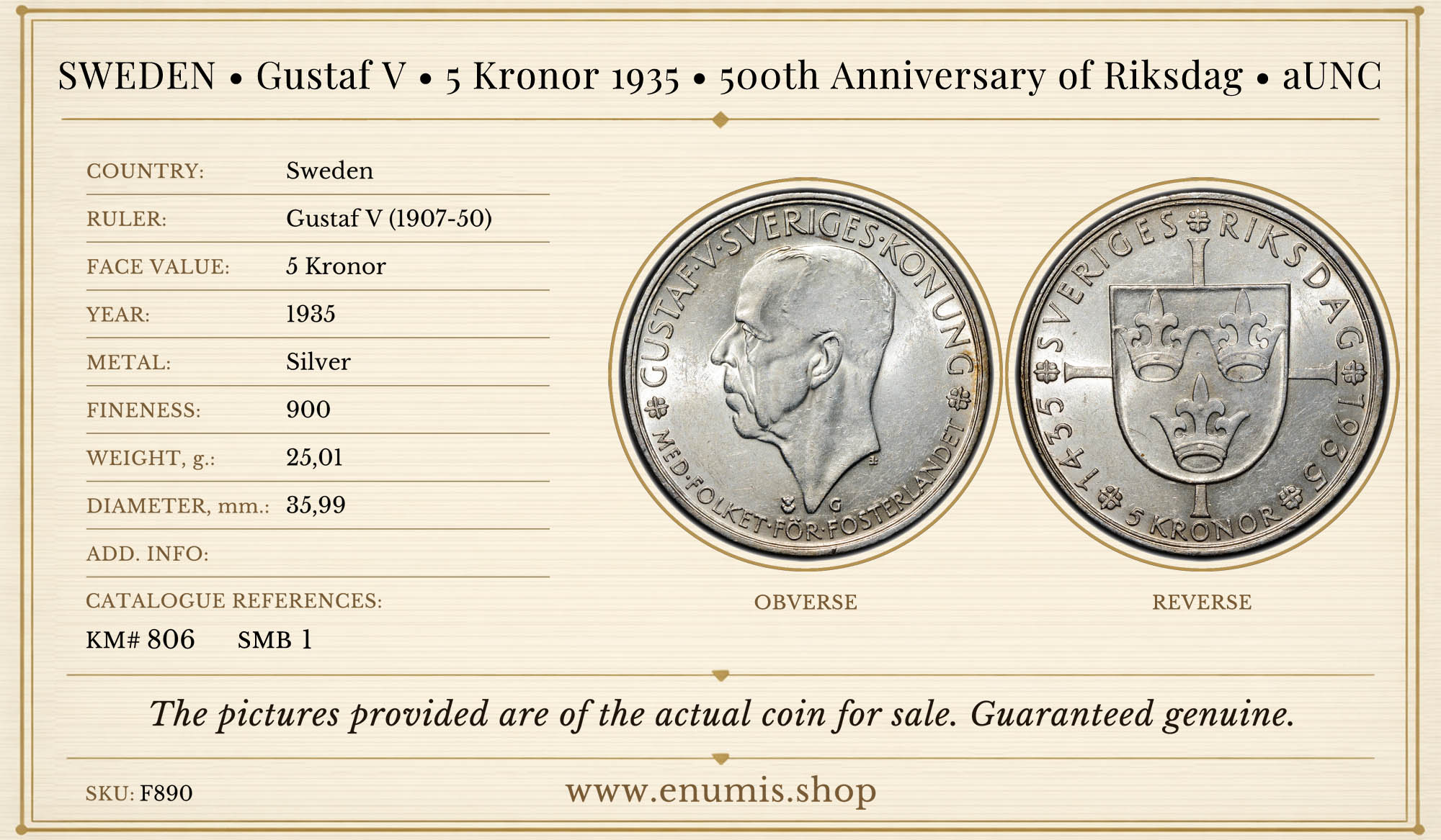 SWEDEN, Gustaf V, 5 Kronor 1935, 500th Anniversary of Riksdag, aUNC