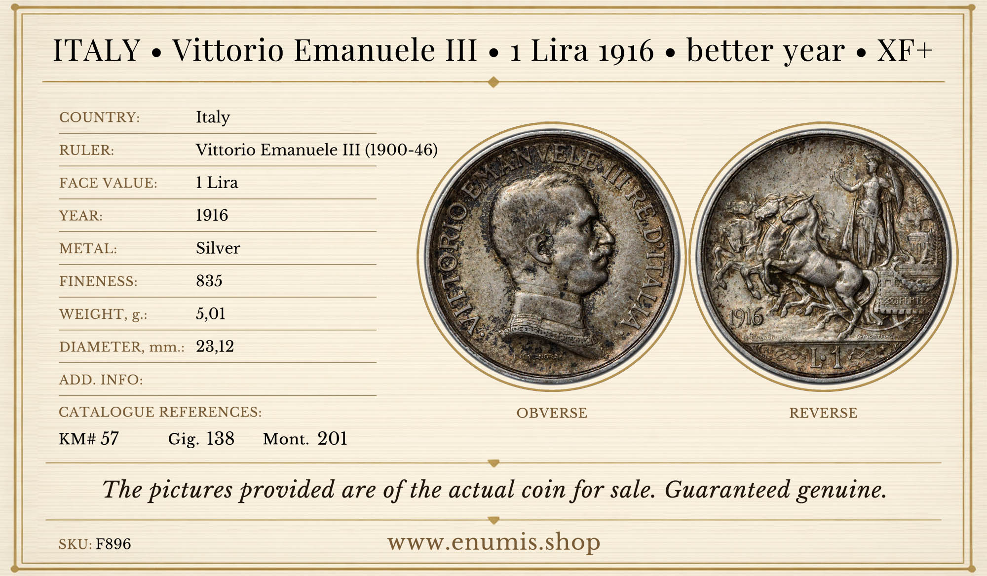 ITALY, Vittorio Emanuele III, 1 Lira 1916, better year, XF+