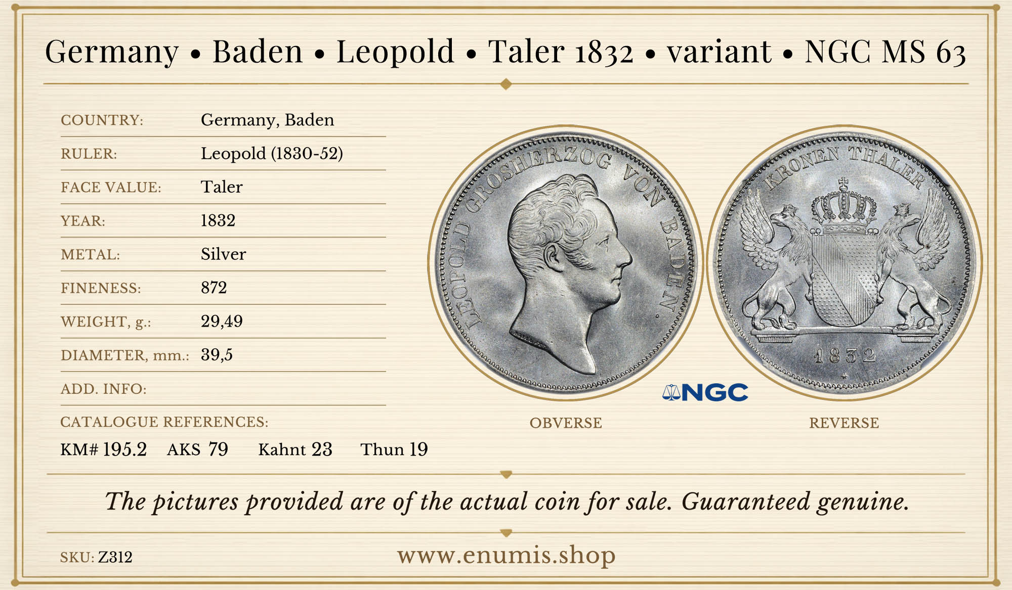 Germany, Baden, Leopold, Taler 1832, variant, NGC MS 63