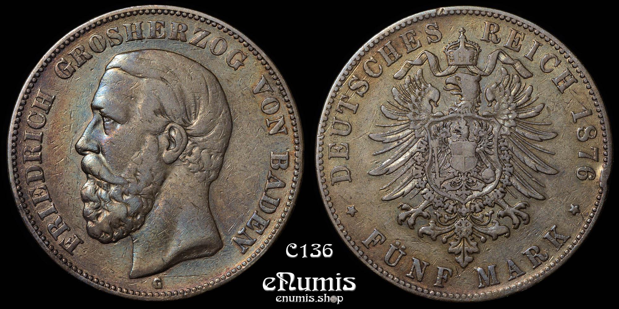 Germany, Baden, Friedrich I, 5 Mark 1876, inverted V for A of BADEN, good VF
