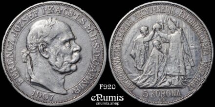 HUNGARY, Franz Joseph I, 5 Korona 1907, Coronation, VF-XF