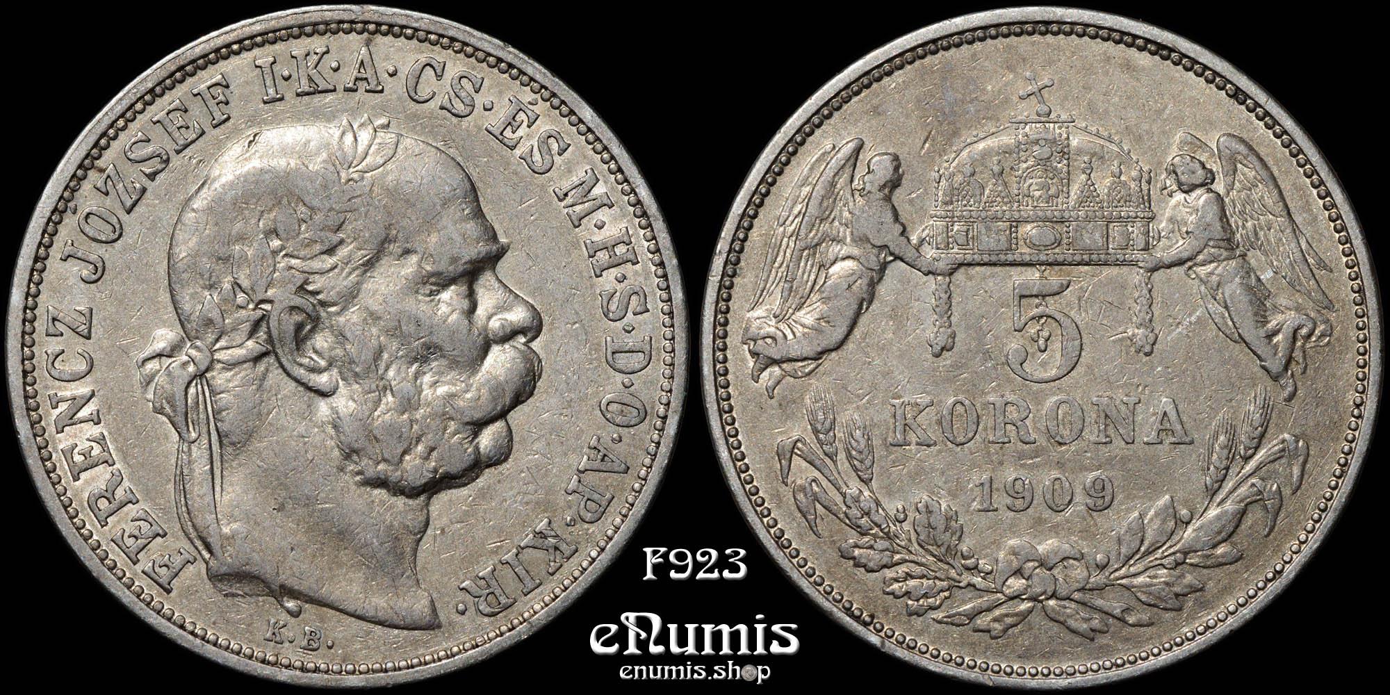 HUNGARY, Franz Joseph I, 5 Korona 1909, better date, VF+ HUNGARY, Franz Joseph I, 5 Korona 1909, better date, VF+