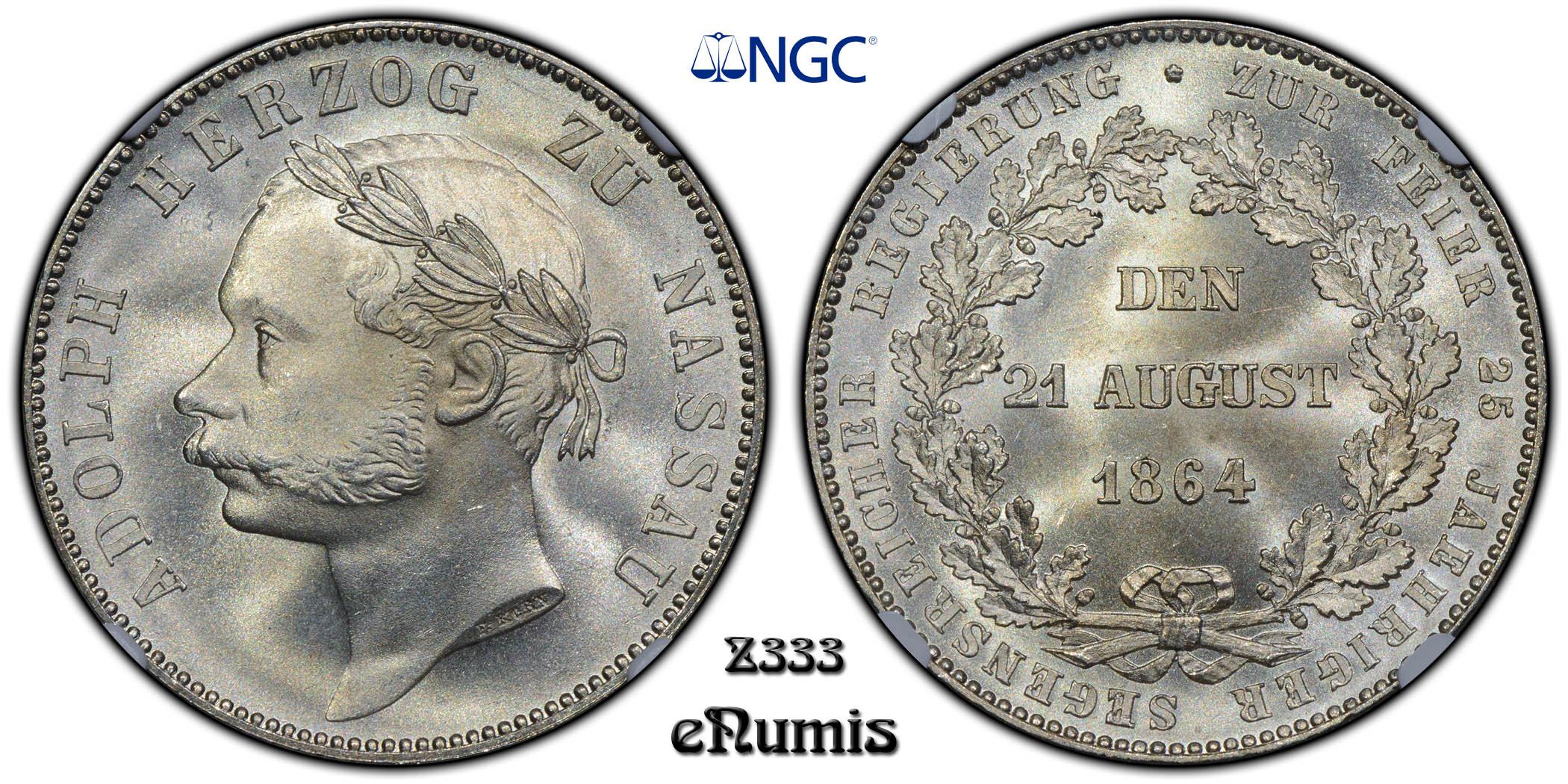 Germany, Nassau, Adolph, Taler 1864, Rare!, NGC MS 66
