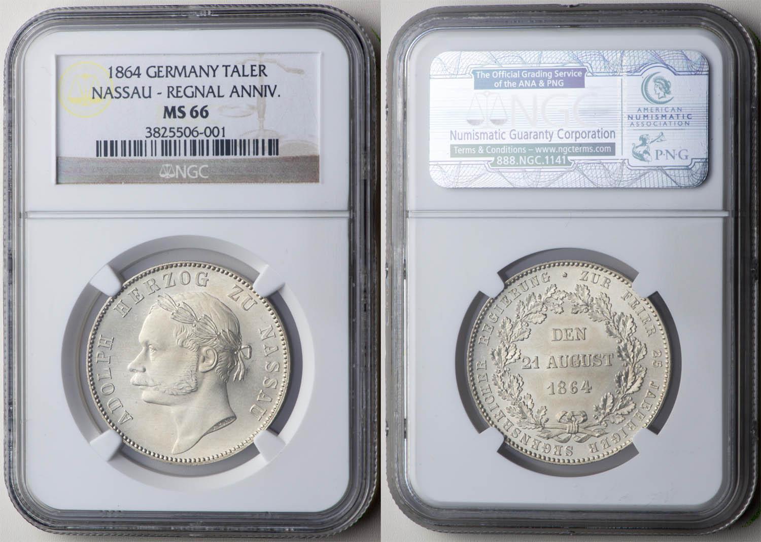 Germany, Nassau, Adolph, Taler 1864, Rare!, NGC MS 66