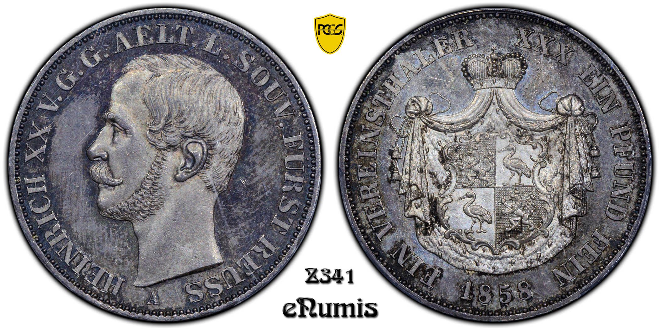 Germany, Reuss-Obergreiz, Heinrich XX, Taler 1858, PCGS MS 64+ Germany, Reuss-Obergreiz, Heinrich XX, Taler 1858, PCGS MS 64+