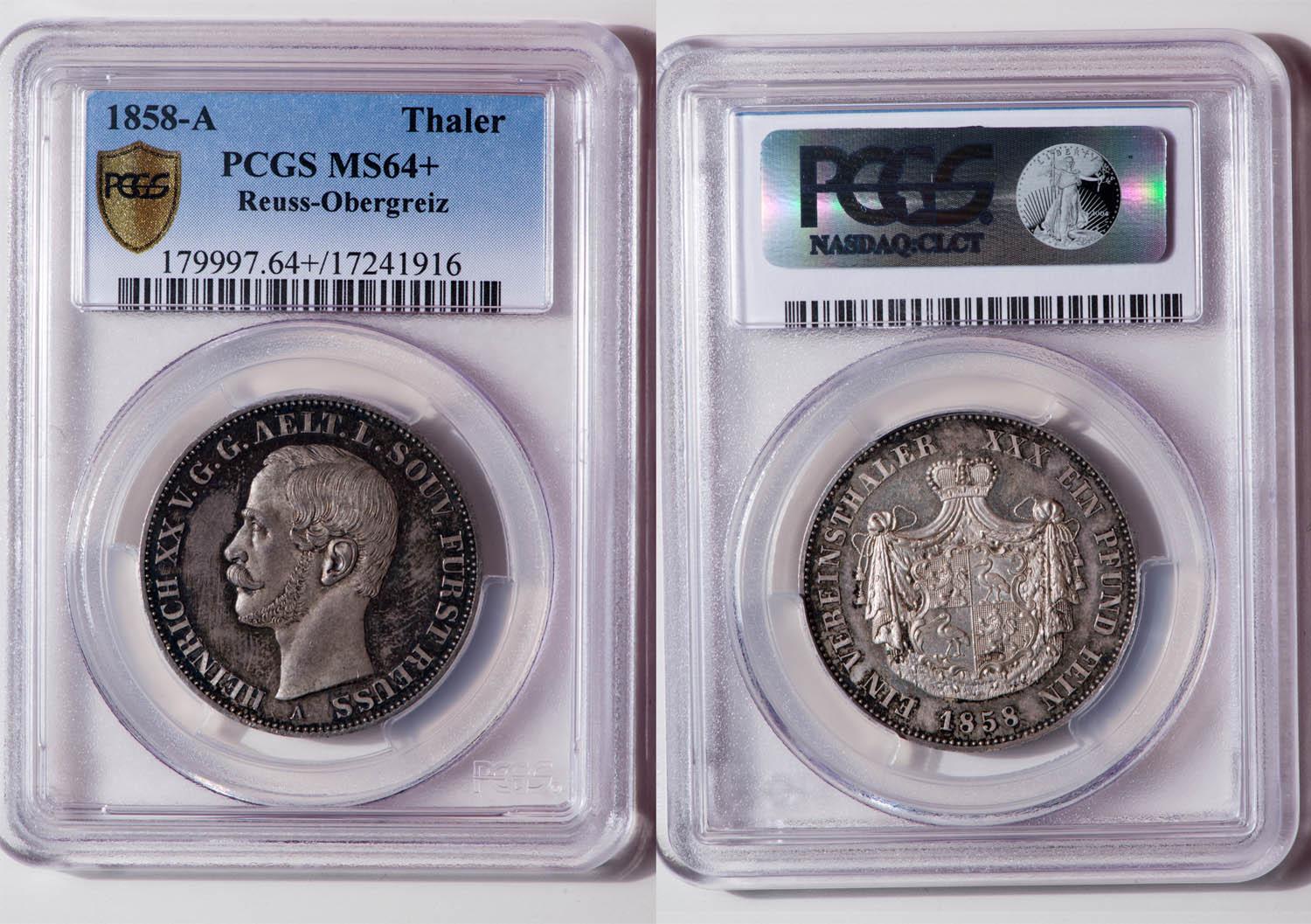Germany, Reuss-Obergreiz, Heinrich XX, Taler 1858, PCGS MS 64+ Germany, Reuss-Obergreiz, Heinrich XX, Taler 1858, PCGS MS 64+