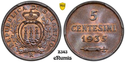 San Marino, 5 Centesimi 1935, Top Pop, PCGS MS 66 RB