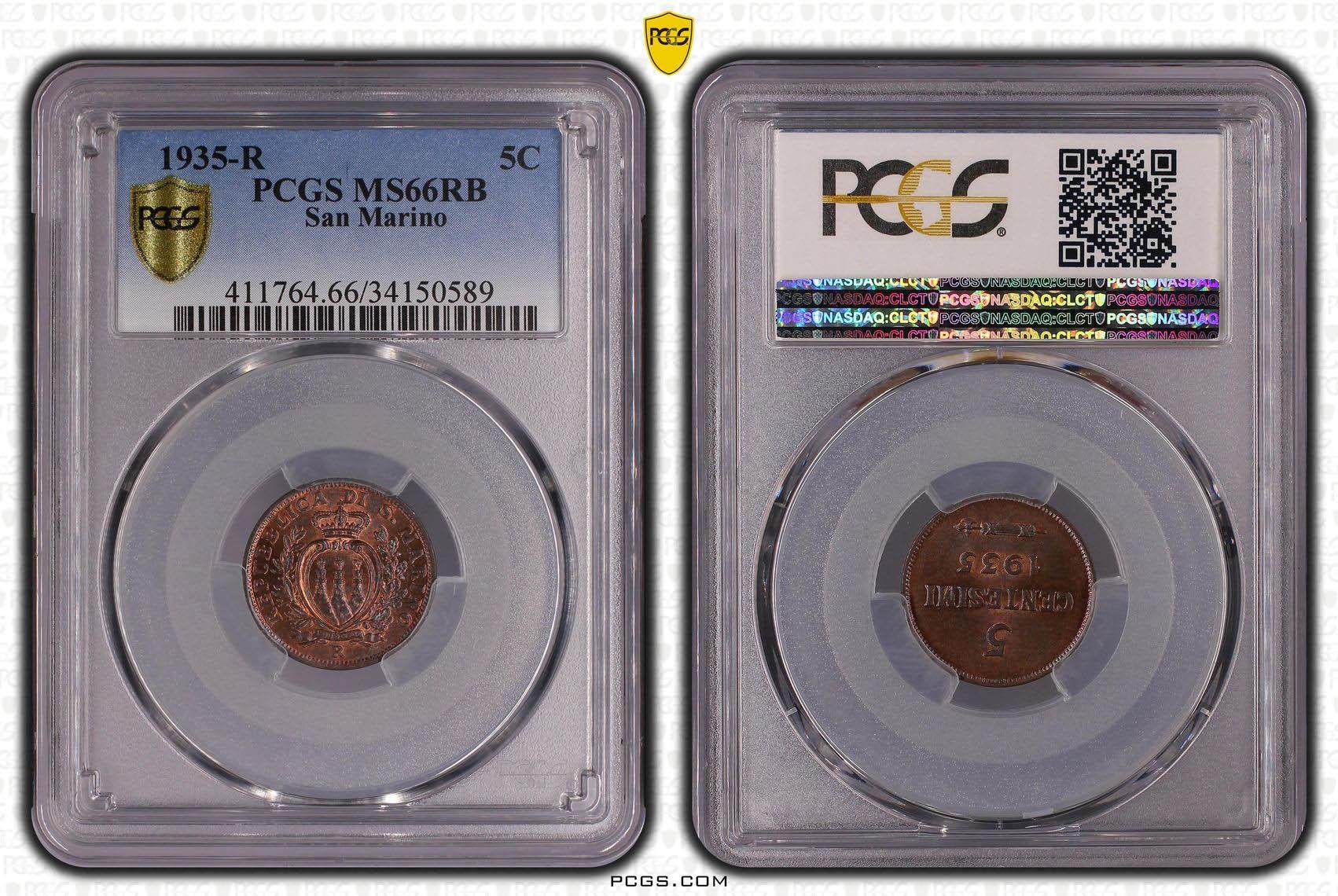 San Marino, 5 Centesimi 1935, Top Pop, PCGS MS 66 RB