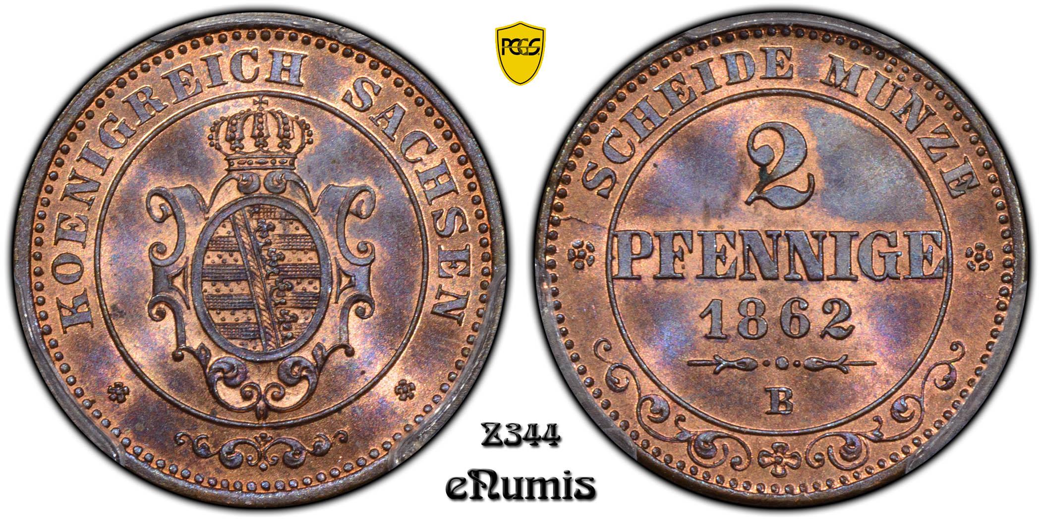 Germany, Saxony, Johann, 2 Pfennige 1862, Top Pop, PCGS MS 66 RB