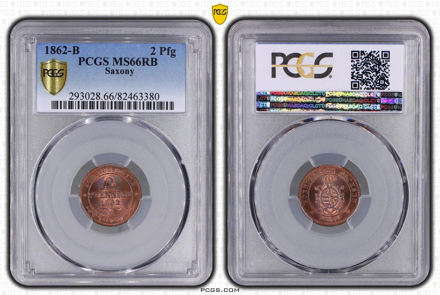 Germany, Saxony, Johann, 2 Pfennige 1862, Top Pop, PCGS MS 66 RB