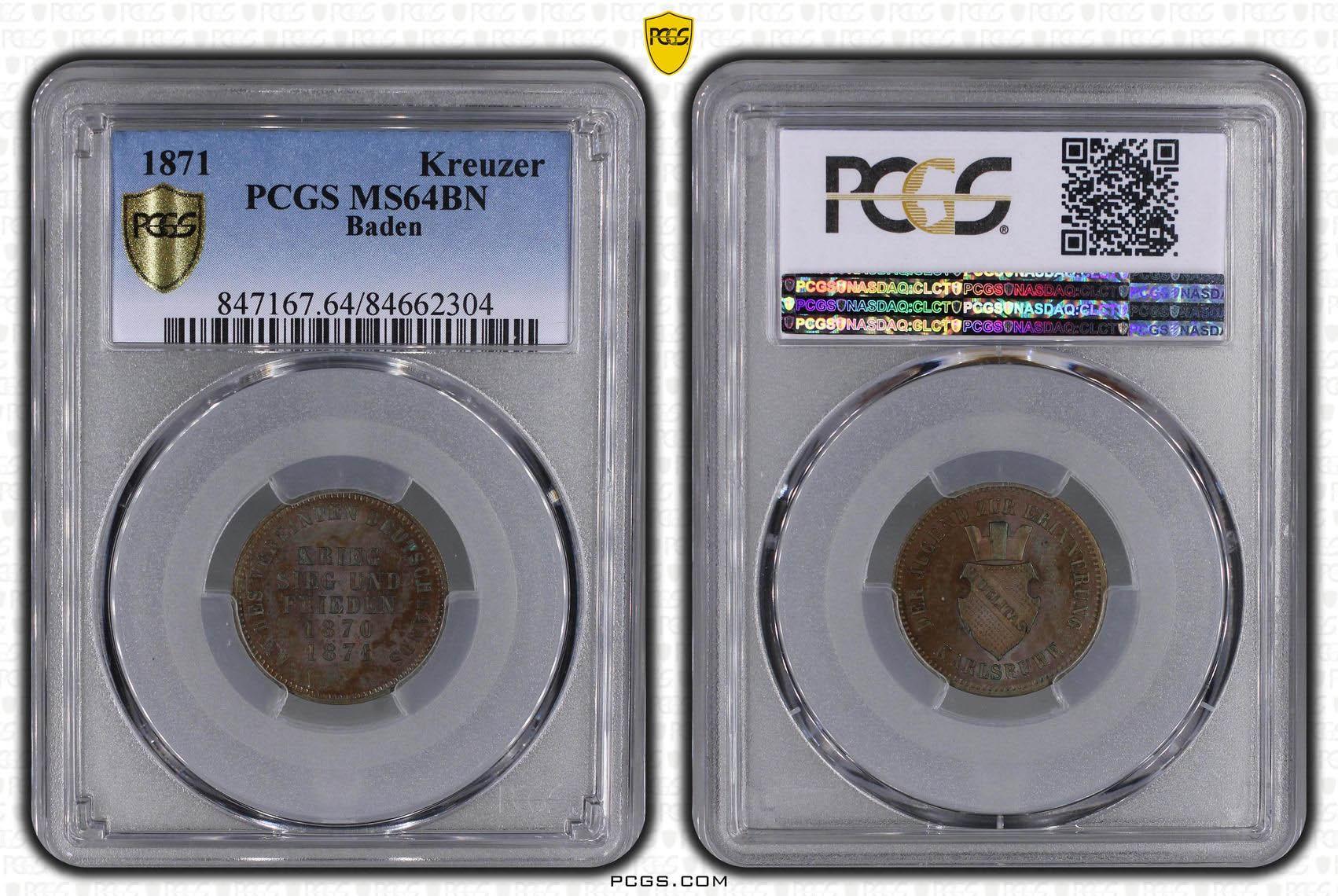 Germany, Baden, Friedrich I, 1 Kreuzer 1871, PCGS MS 64 BN