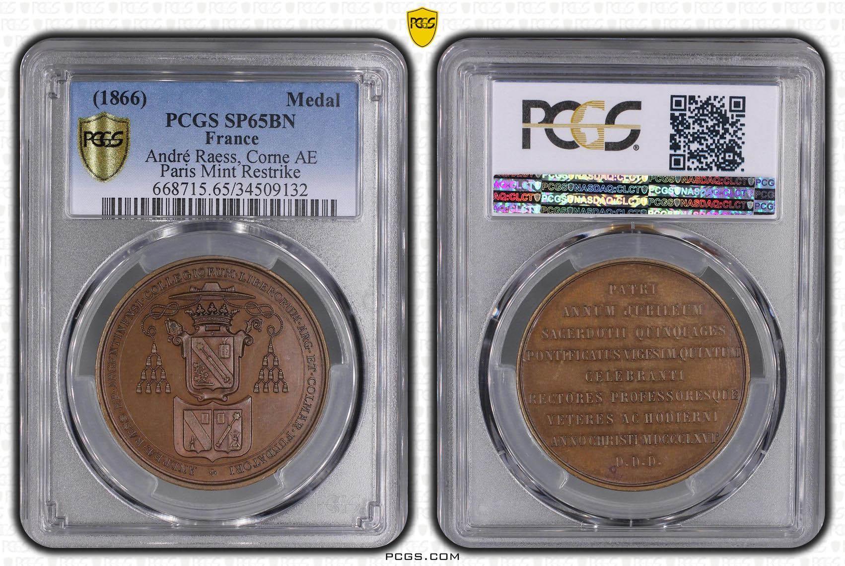 FRANCE, Strasbourg, Medal 1866, bishop Raess, Top Pop, PCGS SP 65 BN FRANCE, Strasbourg, Medal 1866, bishop Raess, Top Pop, PCGS SP 65 BN