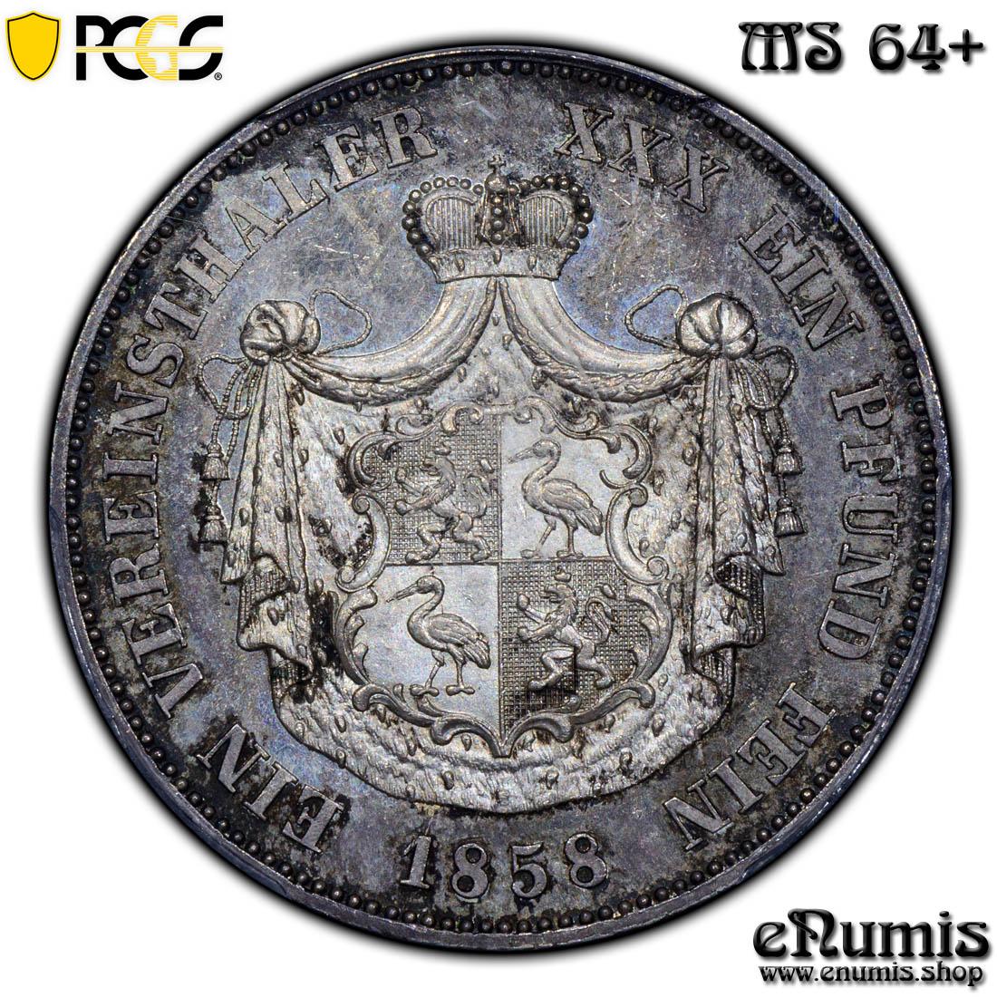 Germany, Reuss-Obergreiz, Heinrich XX, Taler 1858, PCGS MS 64+ Germany, Reuss-Obergreiz, Heinrich XX, Taler 1858, PCGS MS 64+