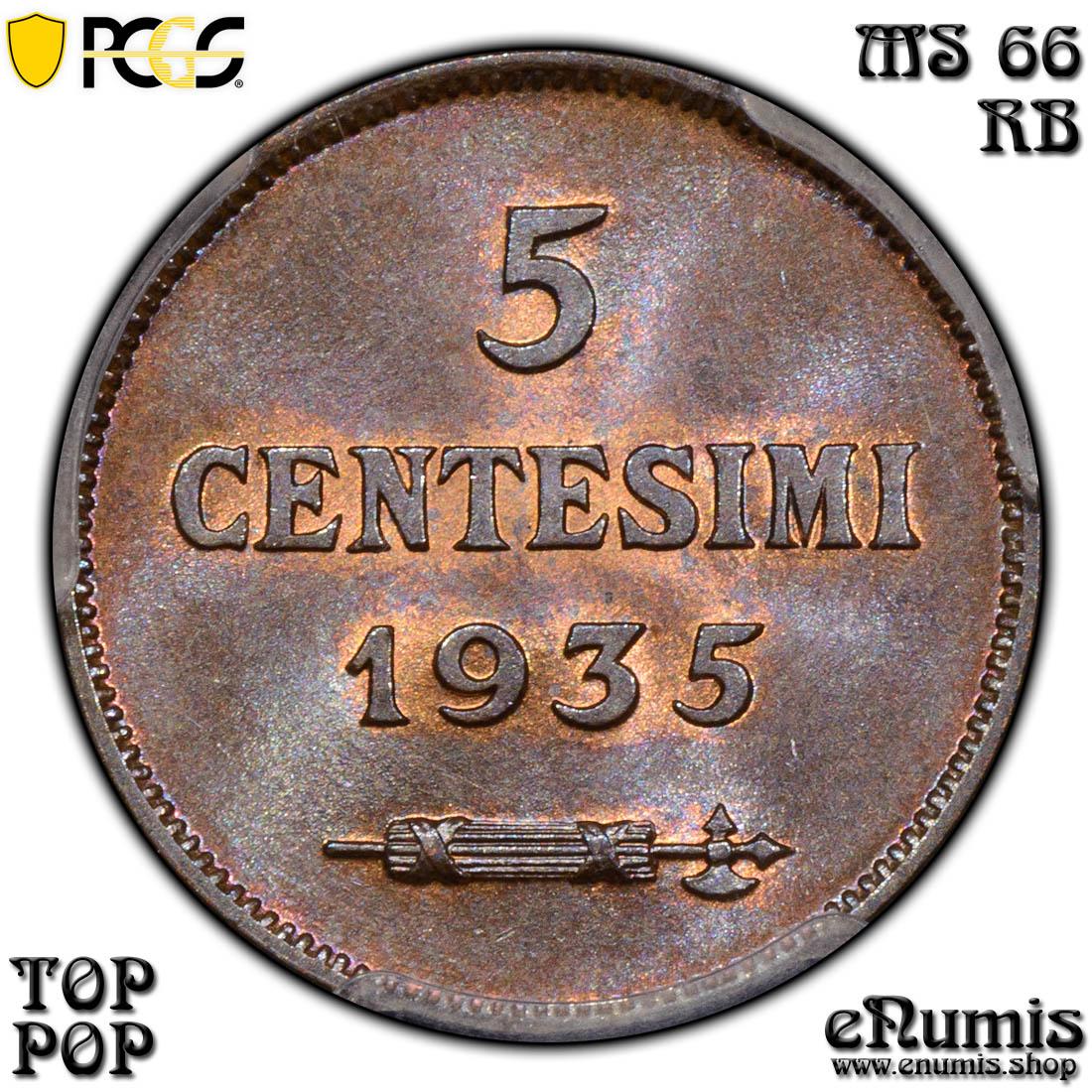 San Marino, 5 Centesimi 1935, Top Pop, PCGS MS 66 RB