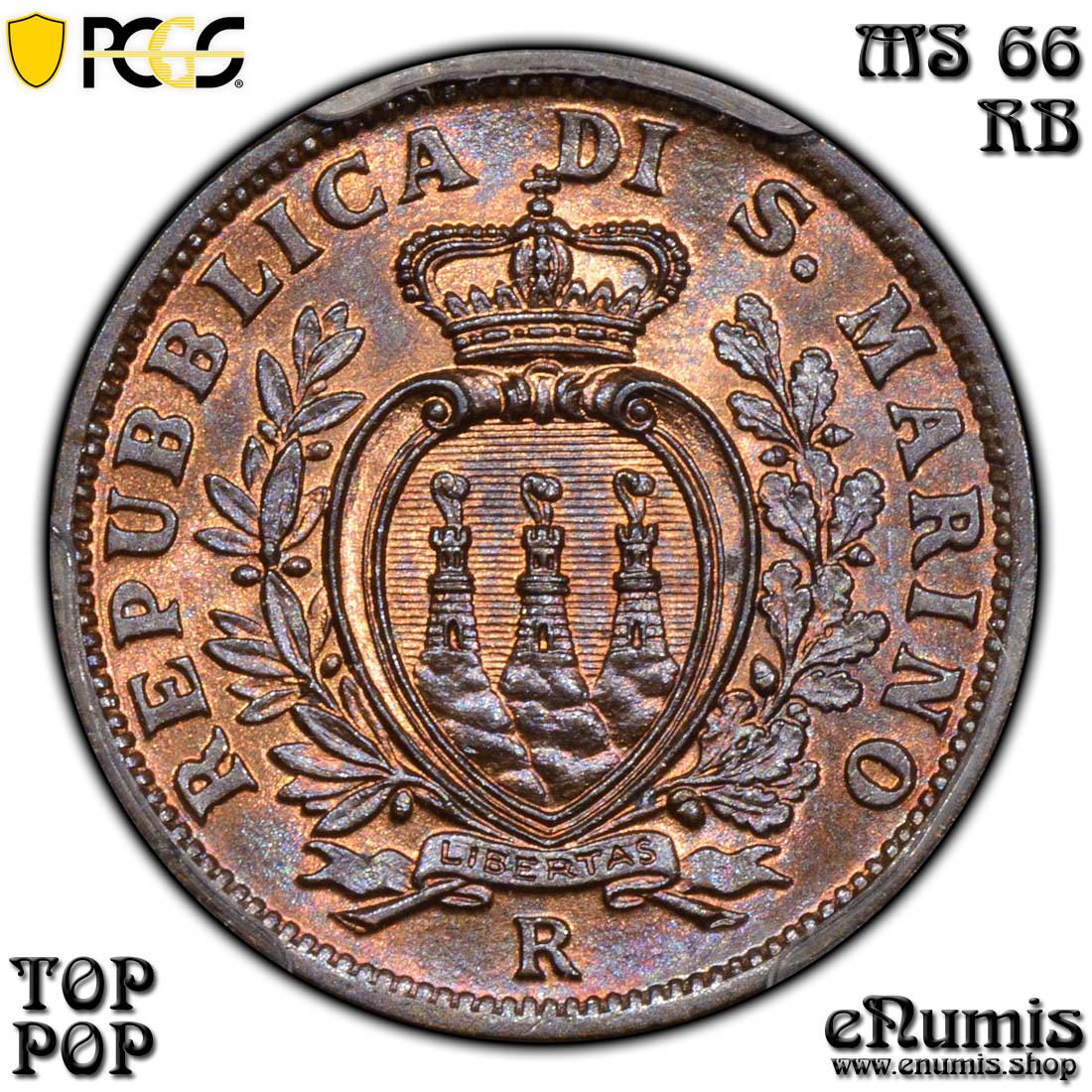 San Marino, 5 Centesimi 1935, Top Pop, PCGS MS 66 RB