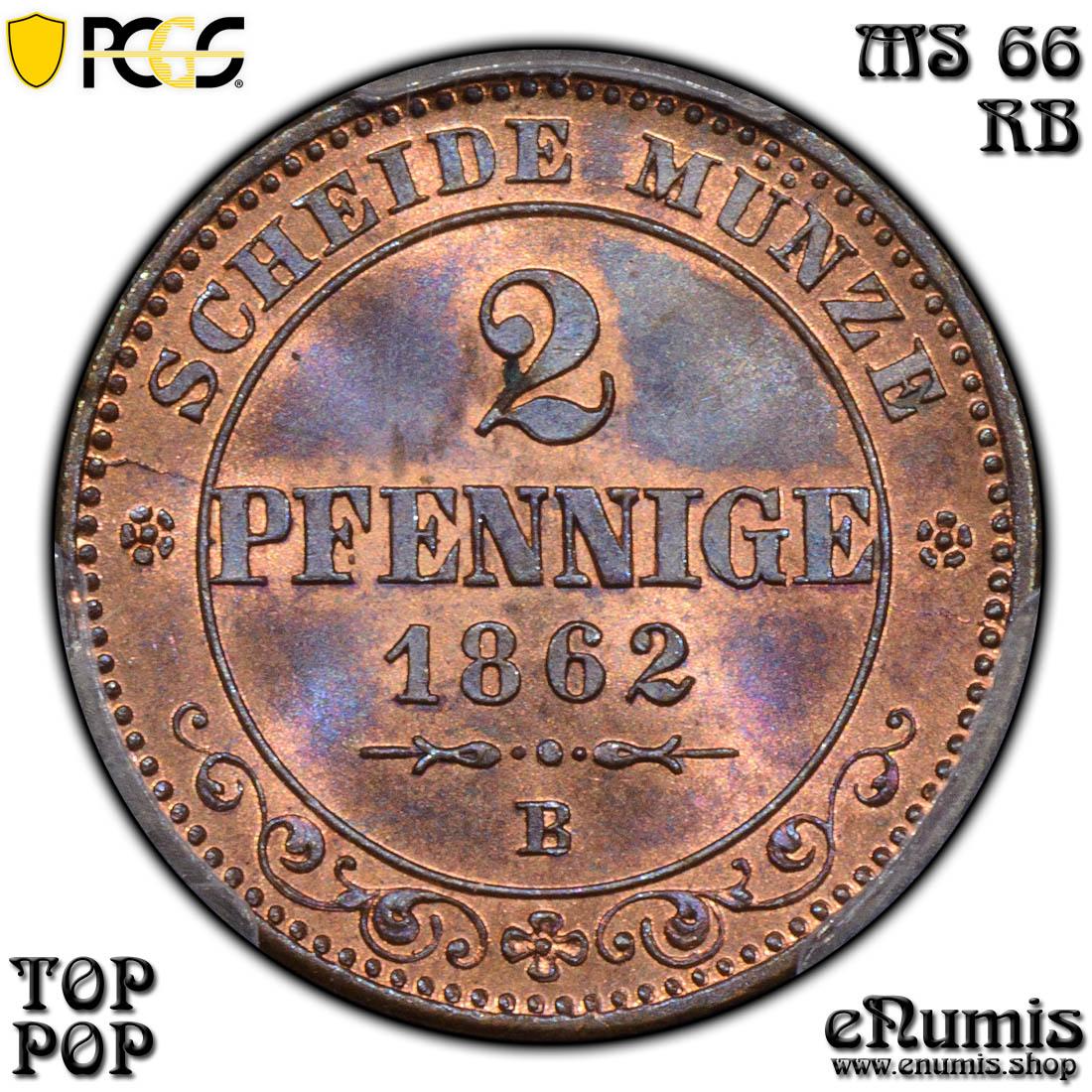 Germany, Saxony, Johann, 2 Pfennige 1862, Top Pop, PCGS MS 66 RB