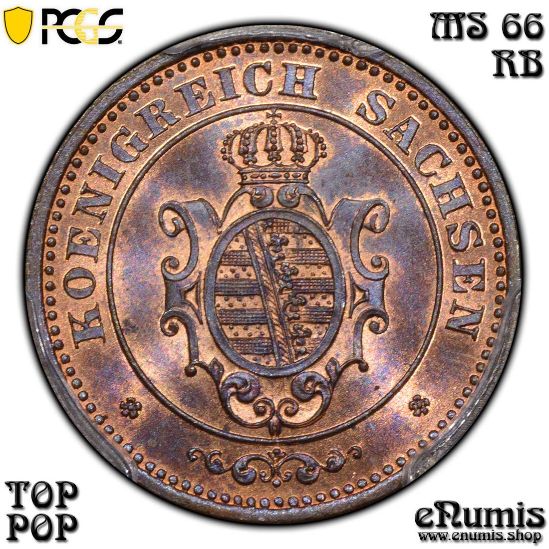 Germany, Saxony, Johann, 2 Pfennige 1862, Top Pop, PCGS MS 66 RB