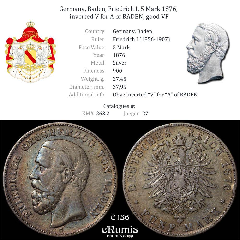 Germany, Baden, Friedrich I, 5 Mark 1876, inverted V for A of BADEN, good VF