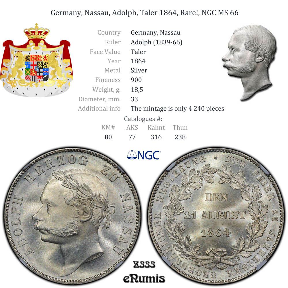 Germany, Nassau, Adolph, Taler 1864, Rare!, NGC MS 66