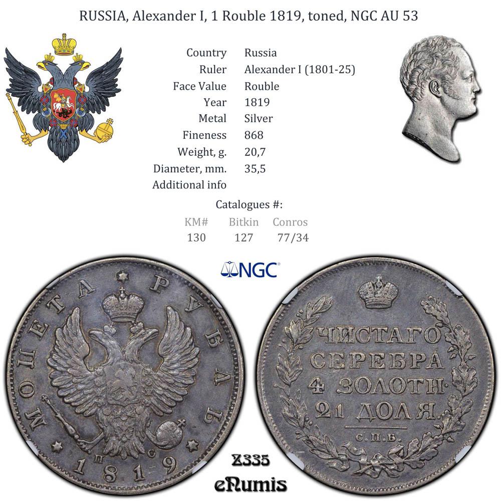 RUSSIA, Alexander I, 1 Rouble 1819, toned, NGC AU 53