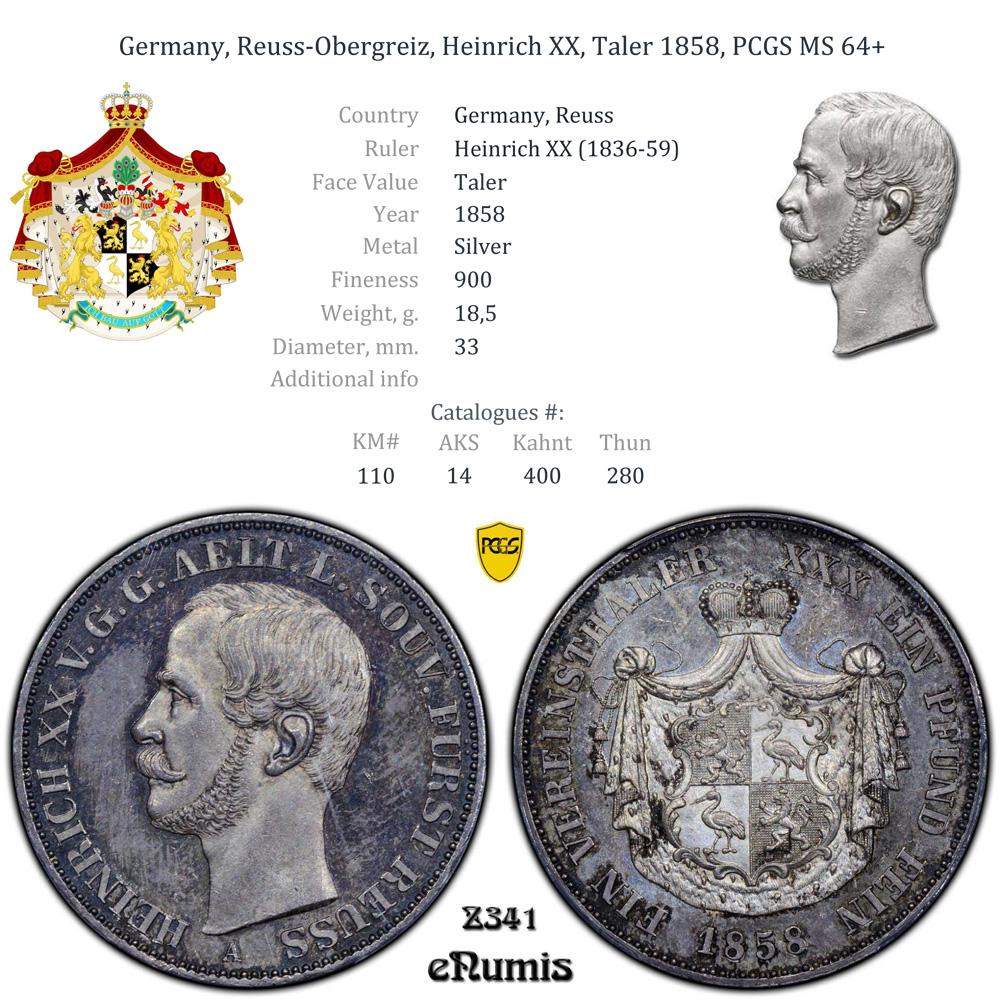 Germany, Reuss-Obergreiz, Heinrich XX, Taler 1858, PCGS MS 64+ Germany, Reuss-Obergreiz, Heinrich XX, Taler 1858, PCGS MS 64+
