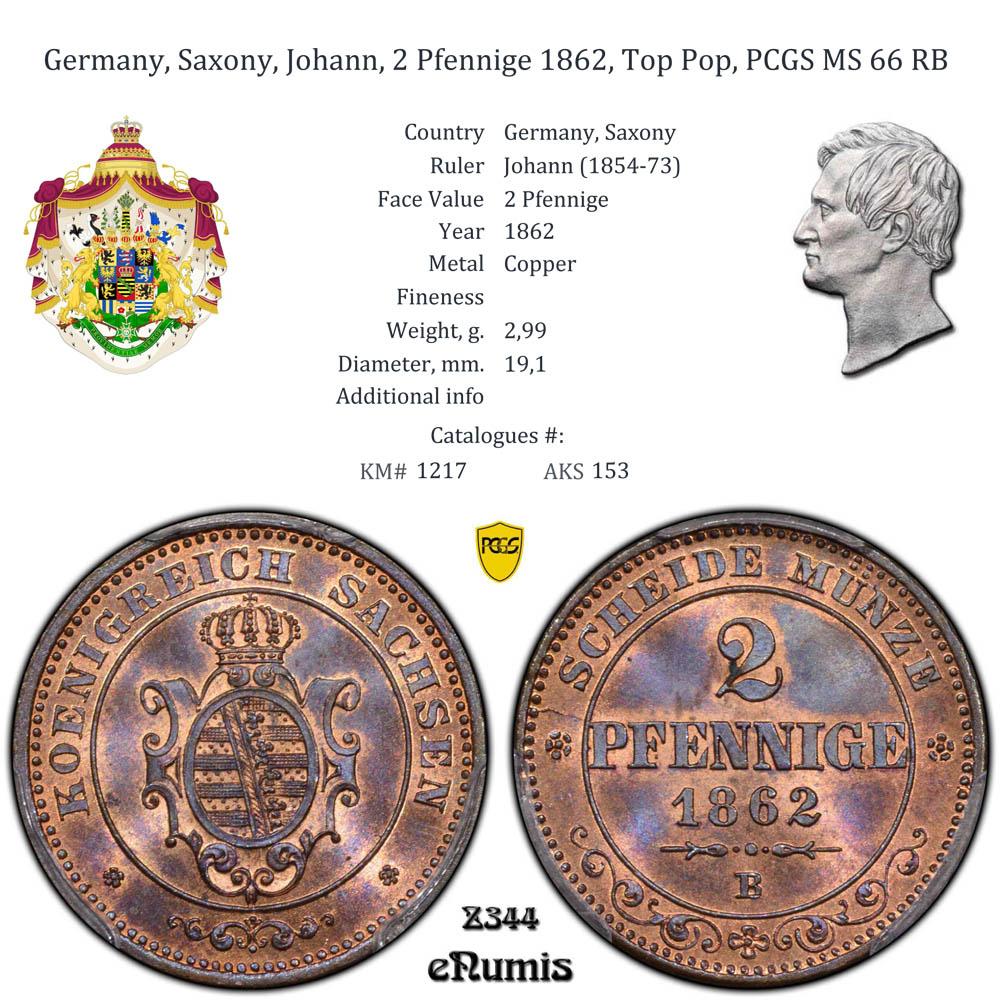 Germany, Saxony, Johann, 2 Pfennige 1862, Top Pop, PCGS MS 66 RB
