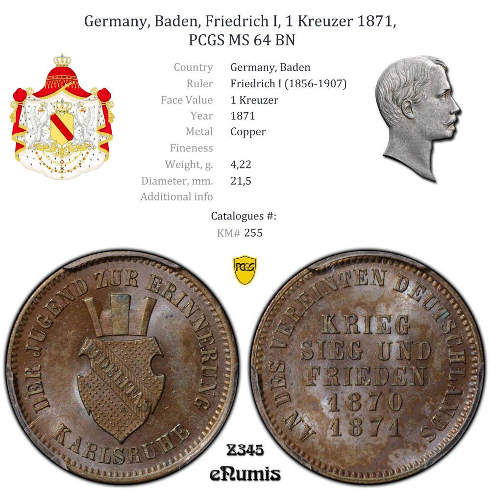 Germany, Baden, Friedrich I, 1 Kreuzer 1871, PCGS MS 64 BN