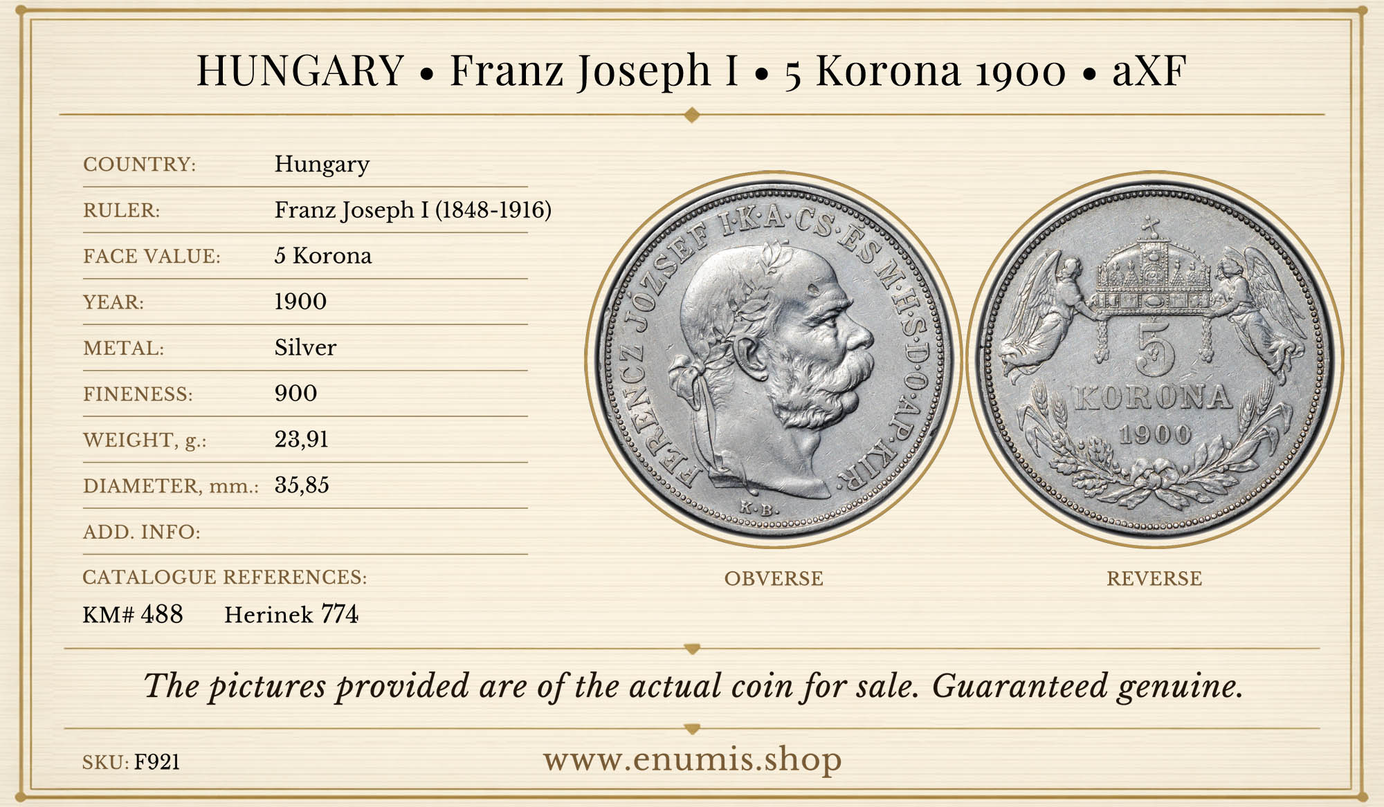 HUNGARY, Franz Joseph I, 5 Korona 1900, aXF