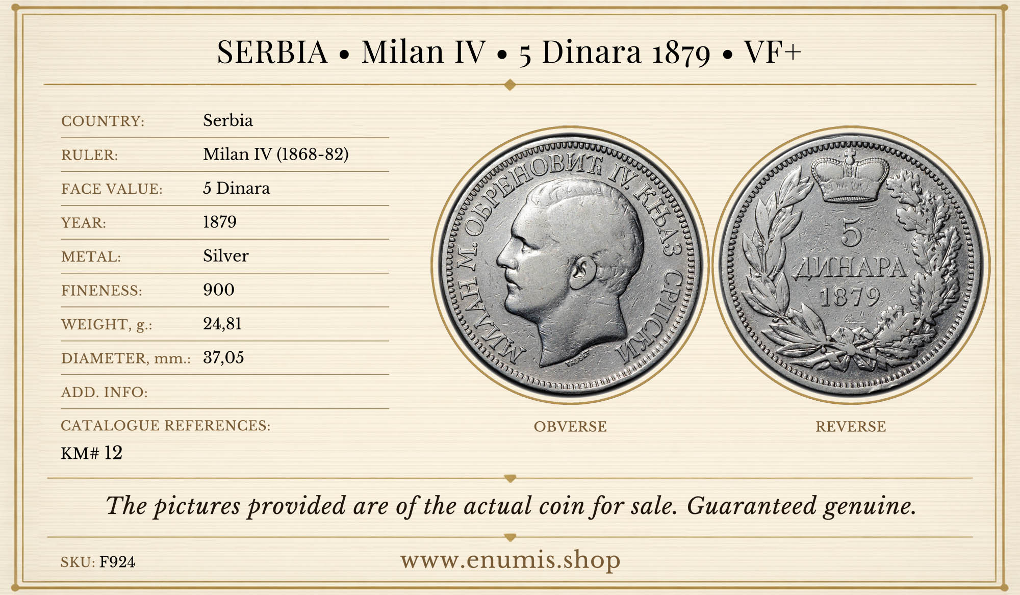 SERBIA, Milan IV, 5 Dinara 1879, VF+