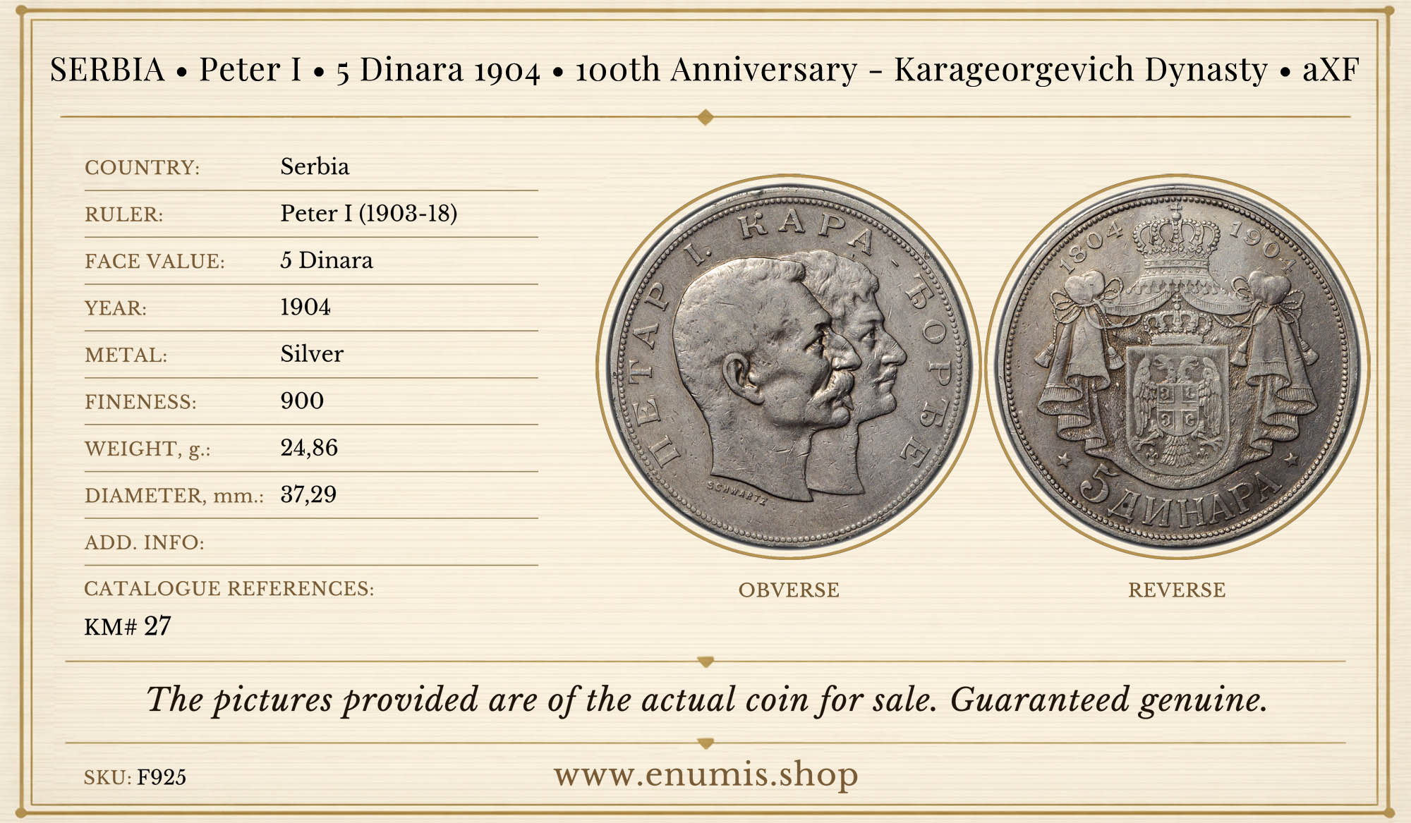 SERBIA, Peter I, 5 Dinara 1904, 100th Anniversary - Karageorgevich Dynasty, aXF