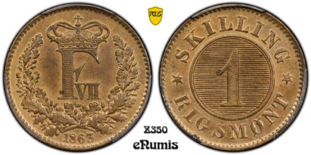 DENMARK, Frederick VII, 1 Skilling Rigsmont 1863, PCGS MS 64 RB