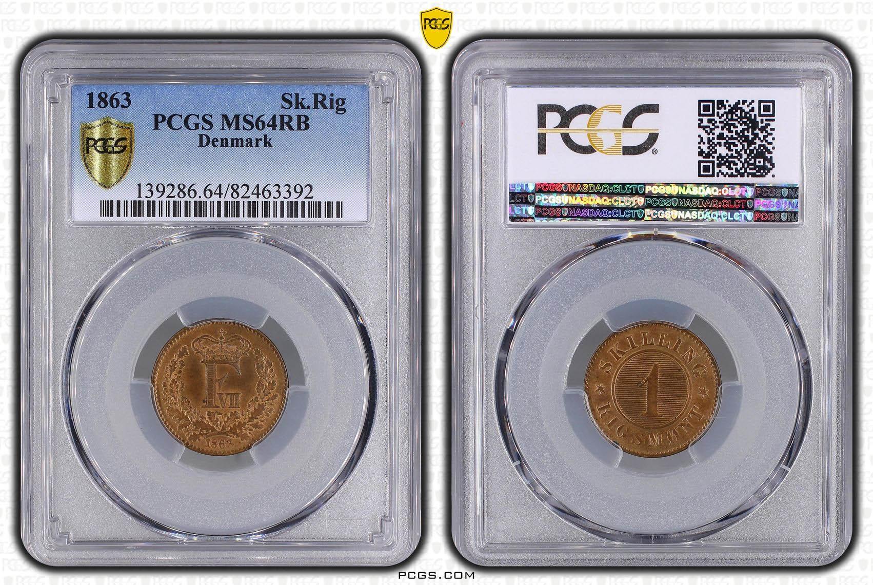 DENMARK, Frederick VII, 1 Skilling Rigsmont 1863, PCGS MS 64 RB DENMARK, Frederick VII, 1 Skilling Rigsmont 1863, PCGS MS 64 RB