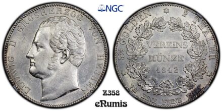Germany, Hesse Darmstadt, Ludwig II, 2 Taler 1842, Top Pop, NGC MS 63