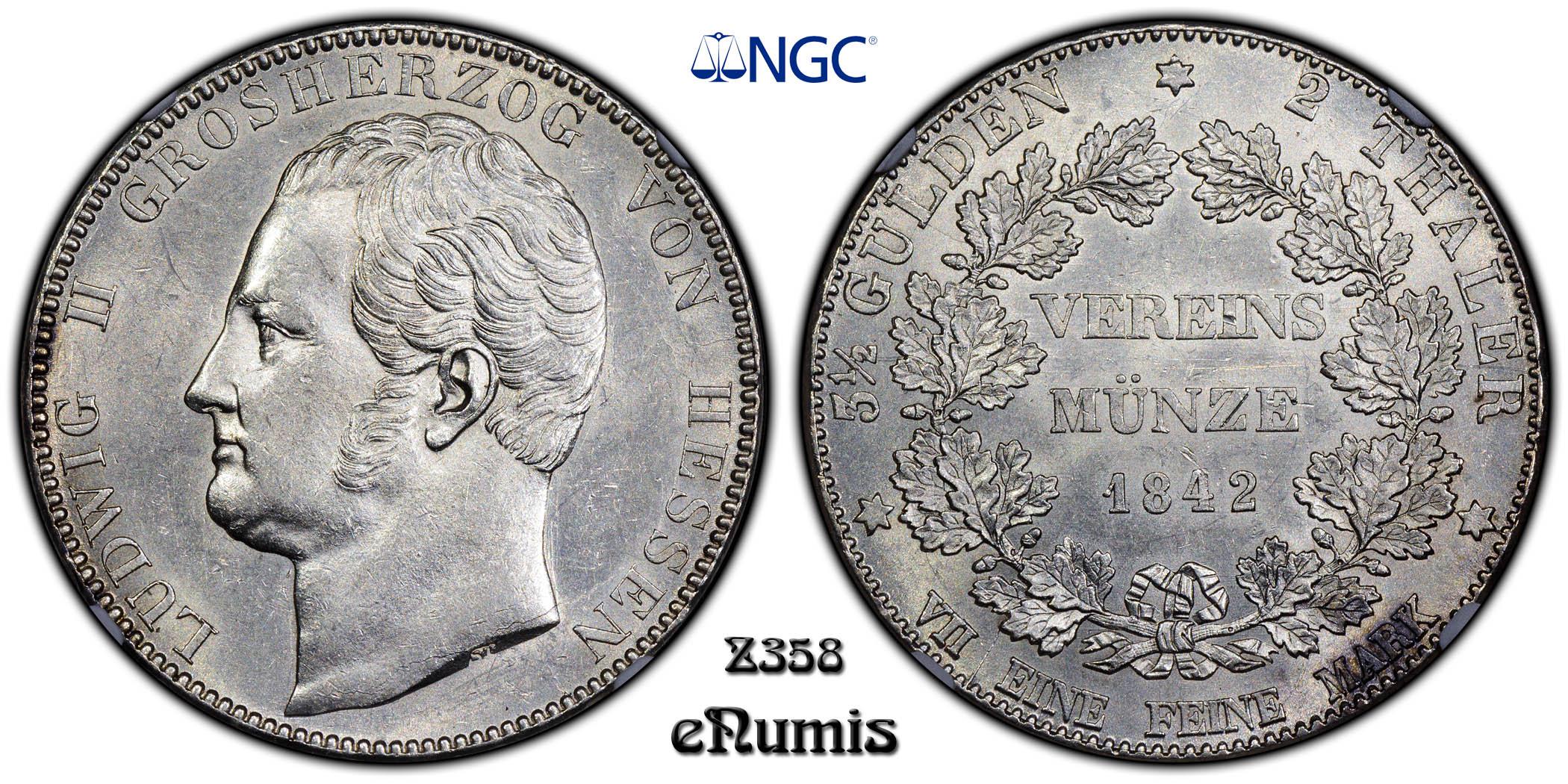 Germany, Hesse Darmstadt, Ludwig II, 2 Taler 1842, Top Pop, NGC MS 63