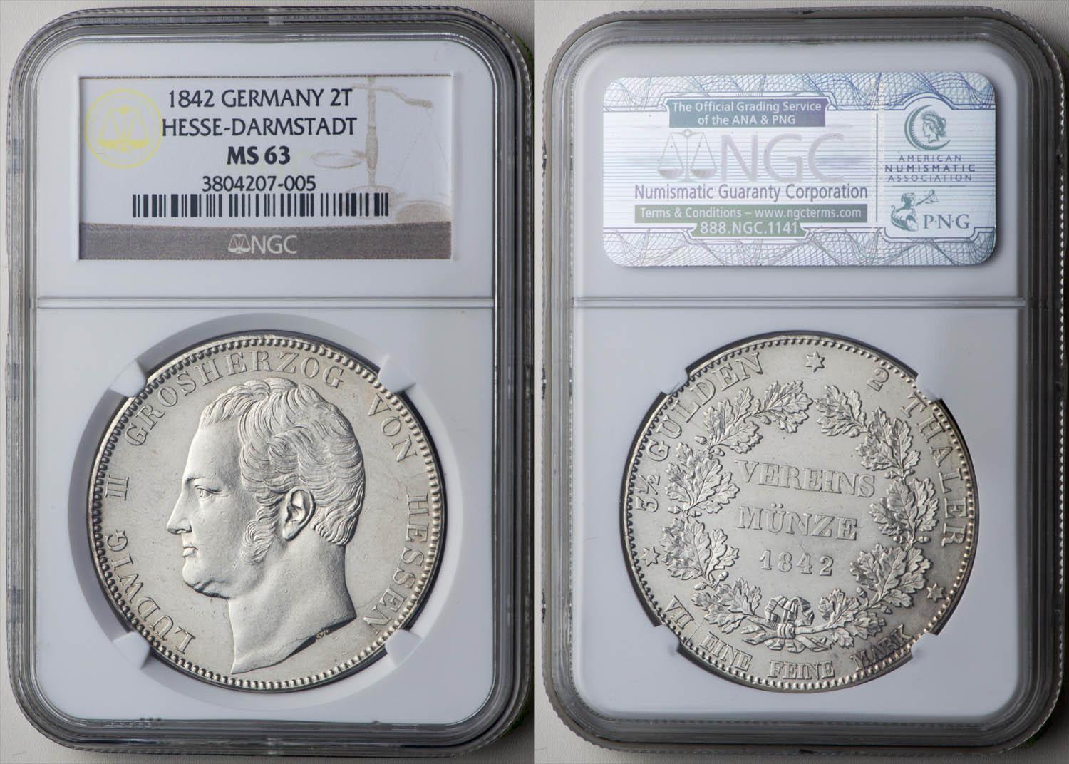 Germany, Hesse Darmstadt, Ludwig II, 2 Taler 1842, Top Pop, NGC MS 63