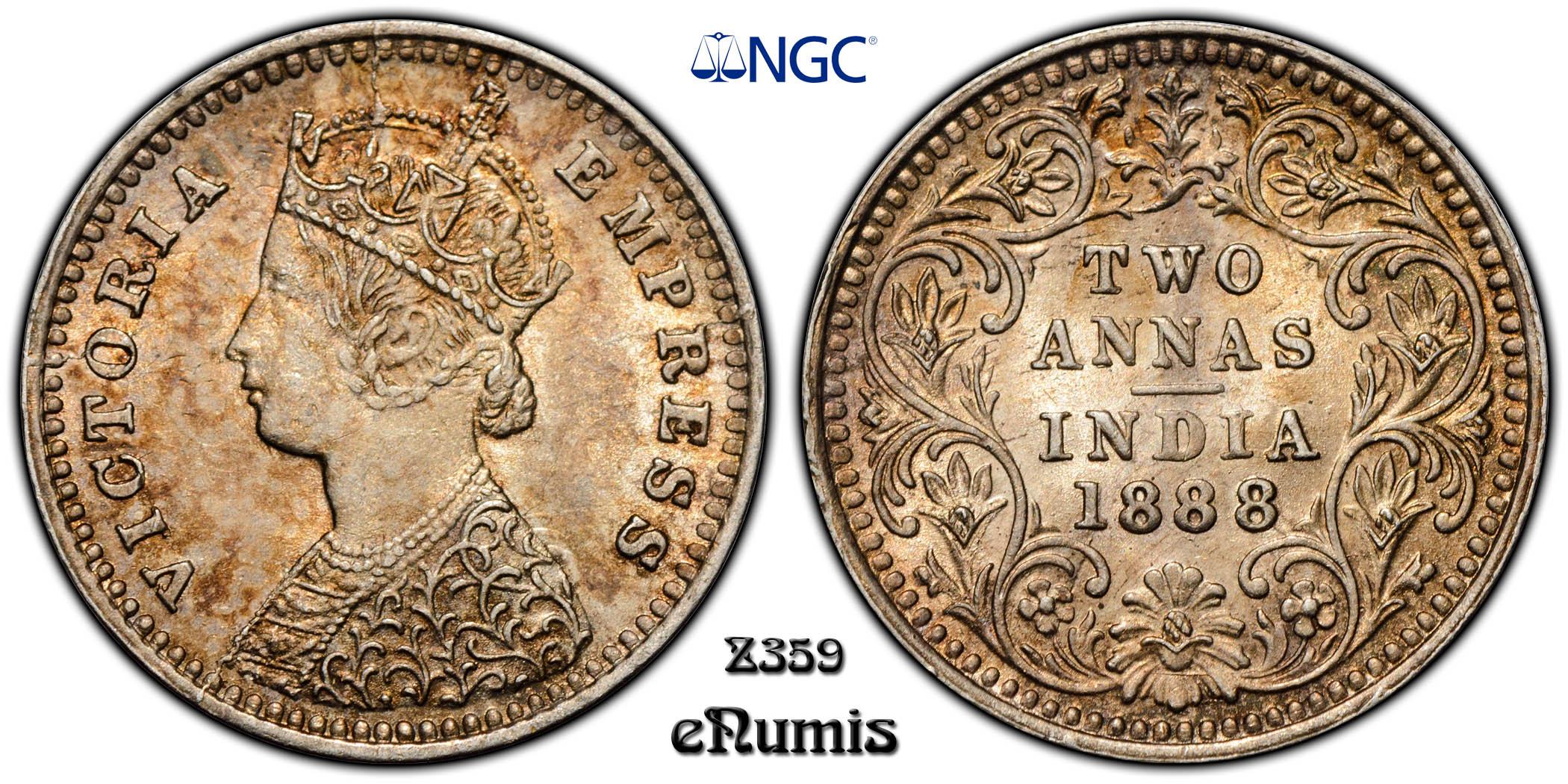 INDIA, Victoria, 2 Annas 1888, Bombay, NGC MS 64