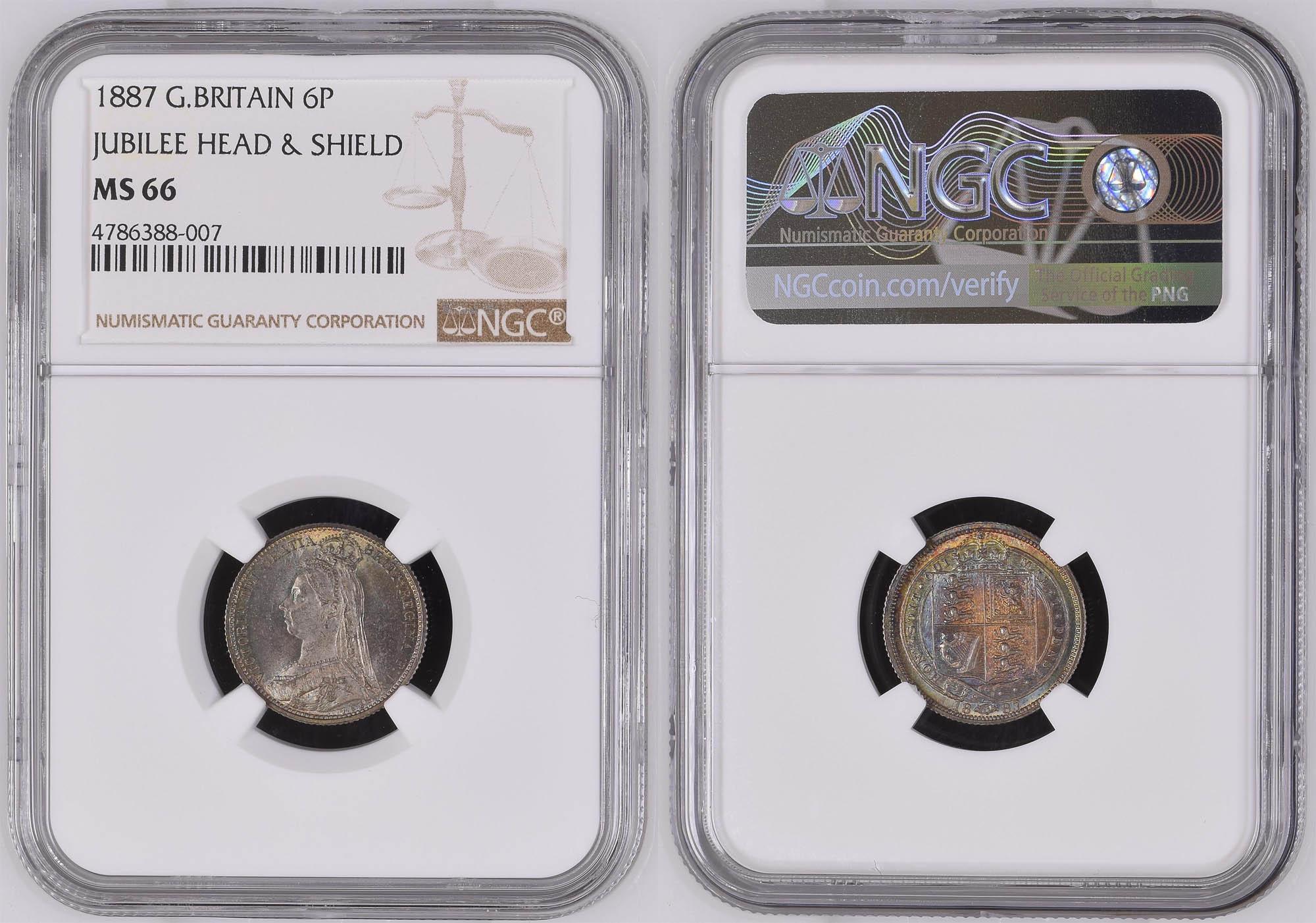 Great Britain, Victoria, Sixpence 1887, shield, nicely toned, NGC MS 66 Great Britain, Victoria, Sixpence 1887, shield, nicely toned, NGC MS 66