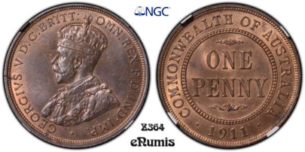 AUSTRALIA, George V, Penny 1911, NGC MS 63 BN