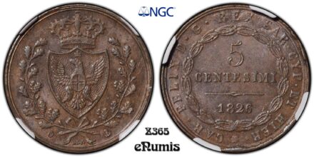 ITALY, SARDINIA, Carlo Felice, 5 Centesimi 1826, Genoa, Anchor, NGC MS 61 BN