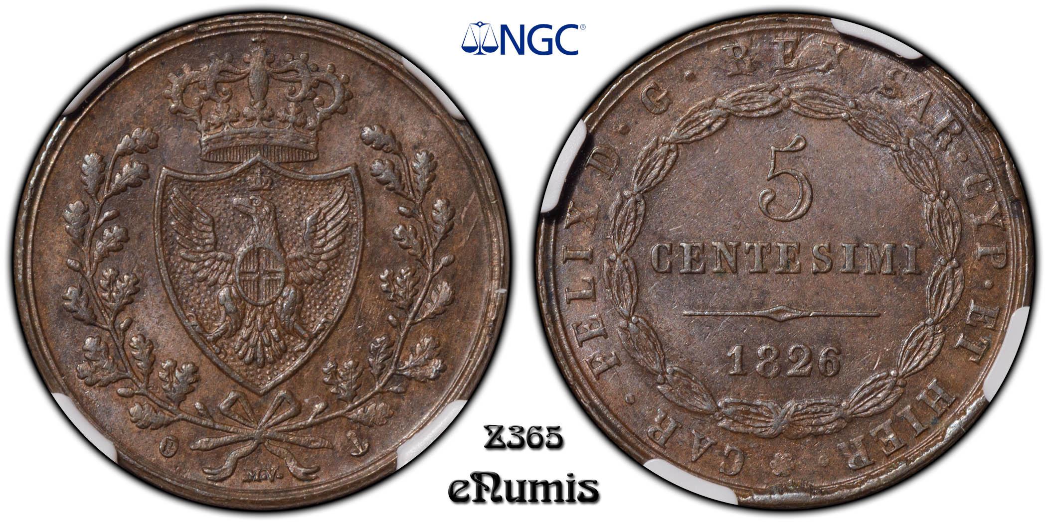 ITALY, SARDINIA, Carlo Felice, 5 Centesimi 1826, Genoa, Anchor, NGC MS 61 BN
