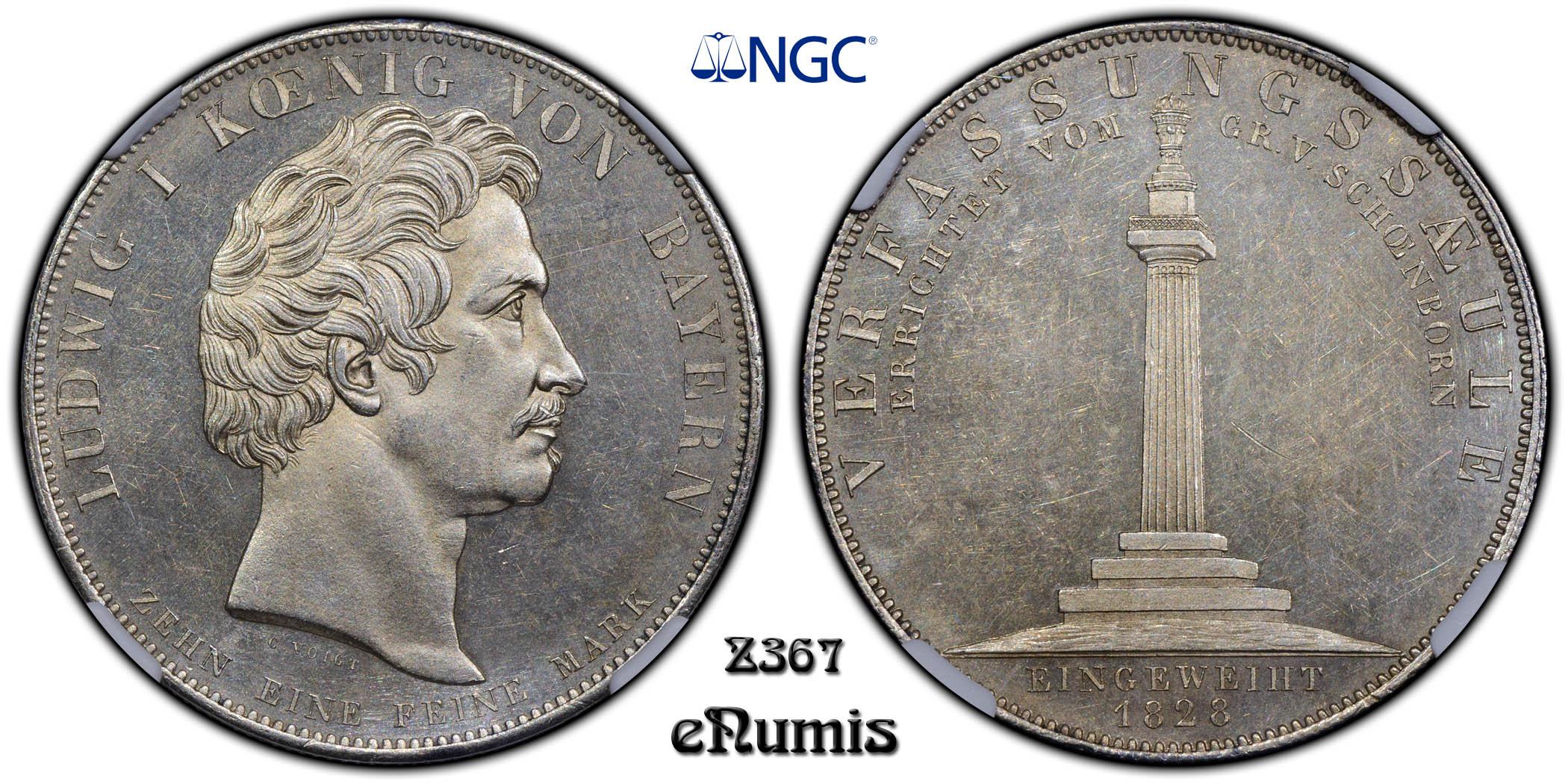 Germany, Bavaria, Ludwig I, Taler 1828, Constitution Monument, NGC MS 62 Germany, Bavaria, Ludwig I, Taler 1828, Constitution Monument, NGC MS 62