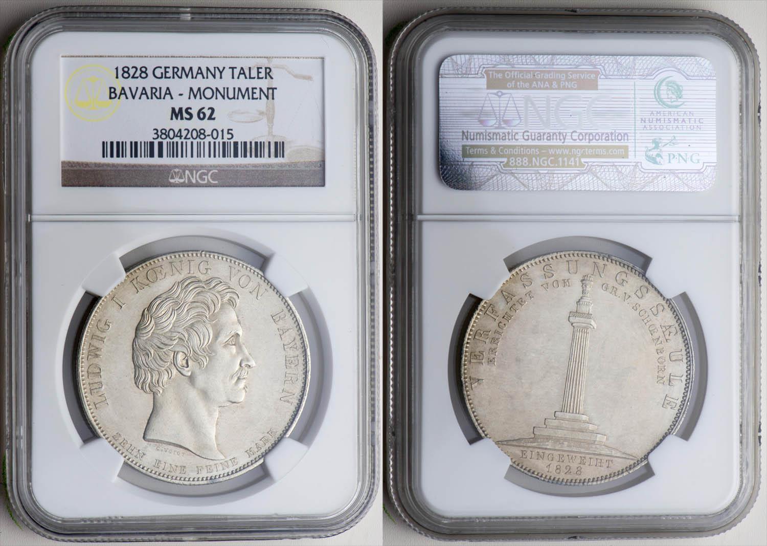Germany, Bavaria, Ludwig I, Taler 1828, Constitution Monument, NGC MS 62 Germany, Bavaria, Ludwig I, Taler 1828, Constitution Monument, NGC MS 62