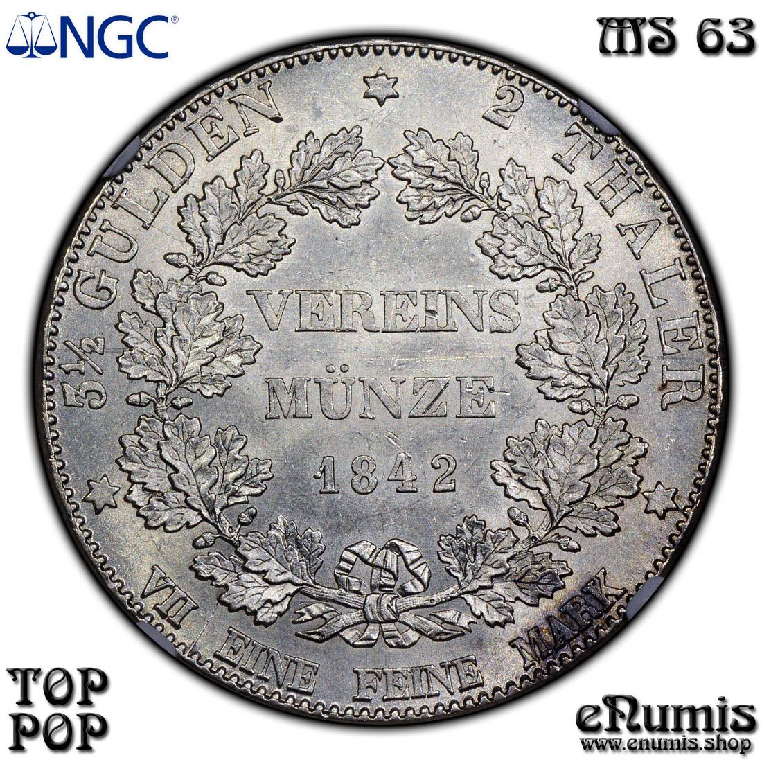 Germany, Hesse Darmstadt, Ludwig II, 2 Taler 1842, Top Pop, NGC MS 63