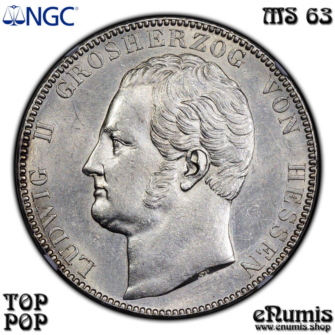 Germany, Hesse Darmstadt, Ludwig II, 2 Taler 1842, Top Pop, NGC MS 63