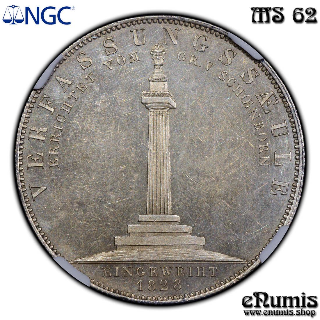 Germany, Bavaria, Ludwig I, Taler 1828, Constitution Monument, NGC MS 62 Germany, Bavaria, Ludwig I, Taler 1828, Constitution Monument, NGC MS 62